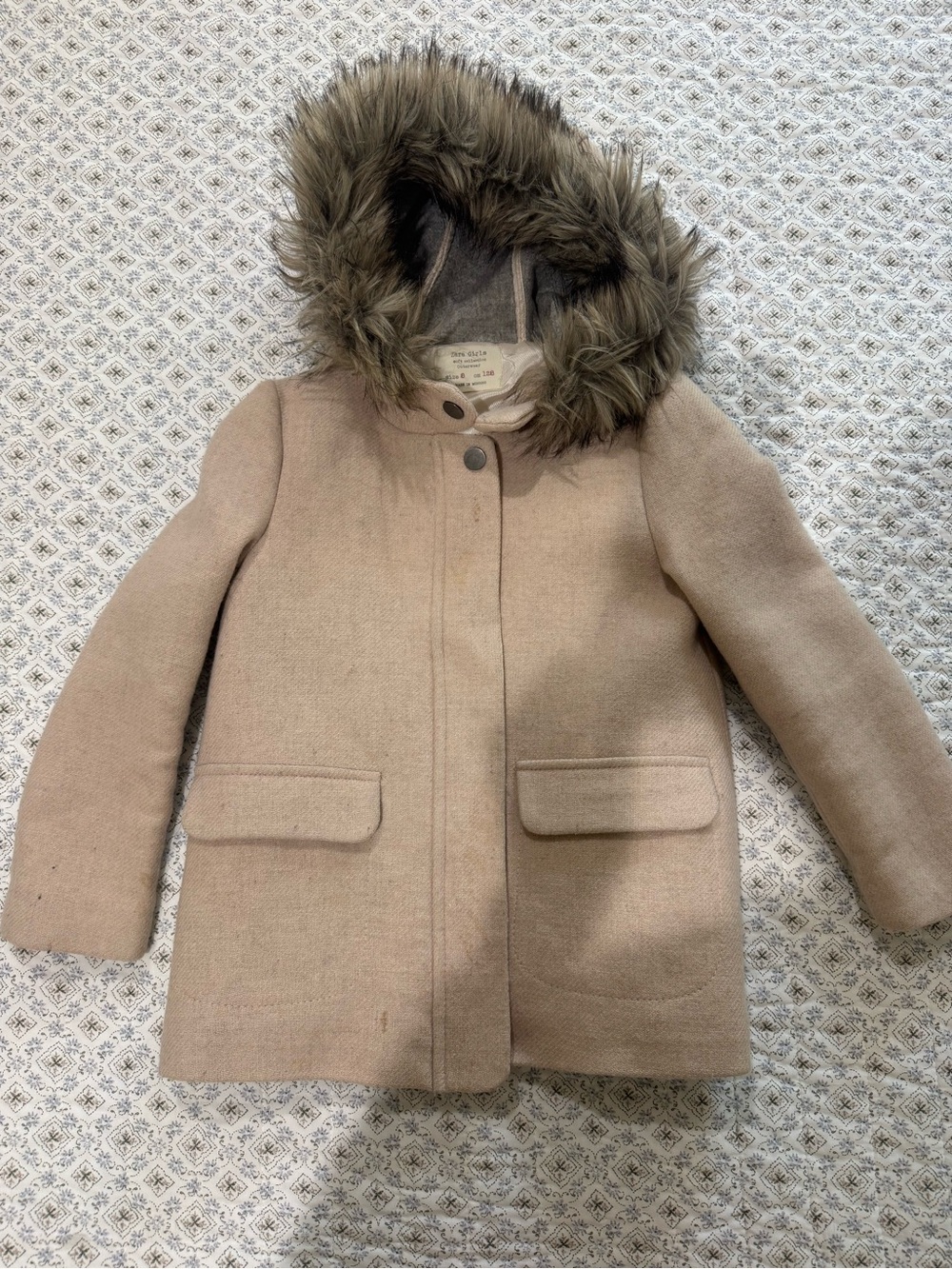 Zara Girls' Tan Wool-Blend Hooded Pea Coat with Faux Fur Trim